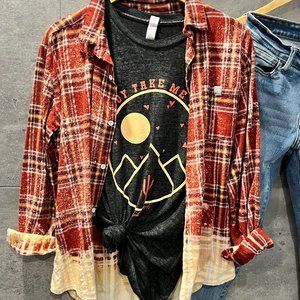 Medium grey/black “cowboy take me away T. $10- Southern Bliss medium Flannel re